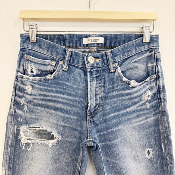Moussy Vintage Isko Distressed Mid Rise Raw Hem Jeans Designer Ridgewood Blue 26 - Picture 3 of 9